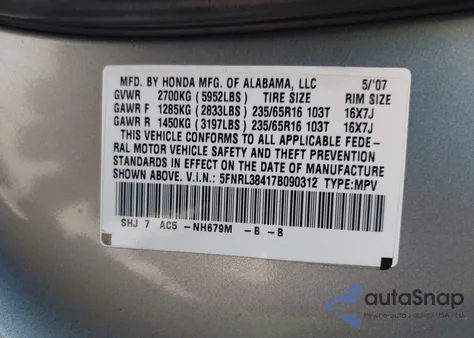 2007 Honda Odyssey Ex from USA, damaged, VIN 5FNRL38417B090312